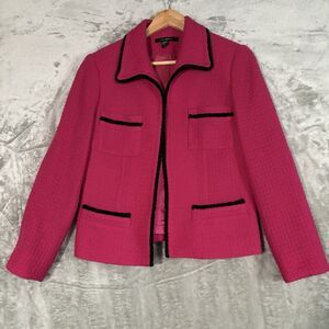 LOUBEN Vintage Fuchsia Pink 100% Wool Blazer Jacket Black Trim Sz 8 Quiet Luxury